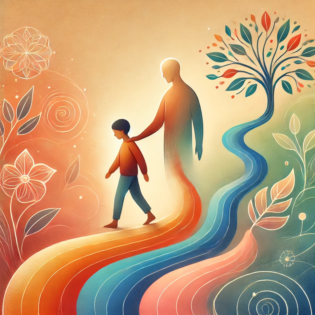 DALLE 2025 03 14 11.28.59 A warm comforting illustration representing parental counseling and guidance throughout life stages. The image shows a parent and a child transitioni